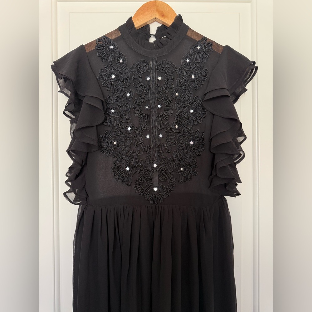 Manoush Black Ruffle Embroidered Maxi Dress Gown Sheer Mirror Detail Size 2